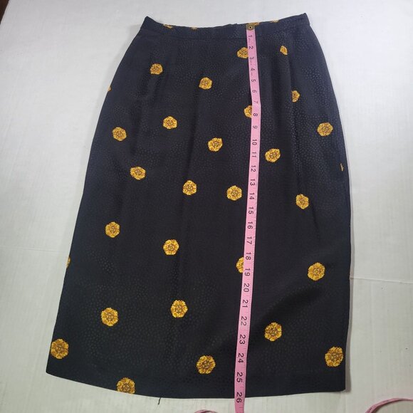 Black Silk Yellow Floral Pattern 100% Silk Shell Mid-Calf Pencil Skirt Size 4 - Picture 4 of 5